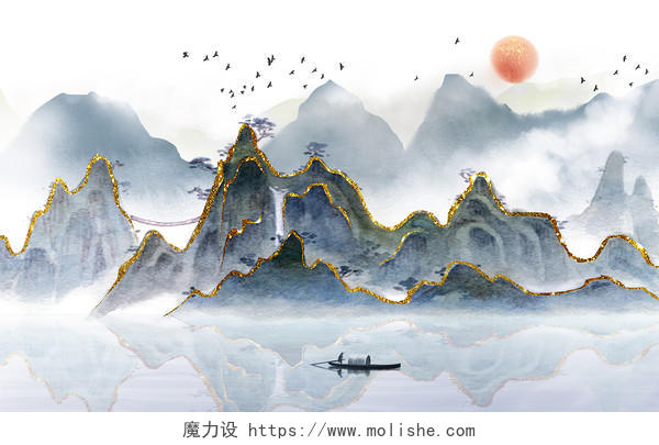 古风水墨新中式鎏金中式山水复古手绘装饰卡通插画海报